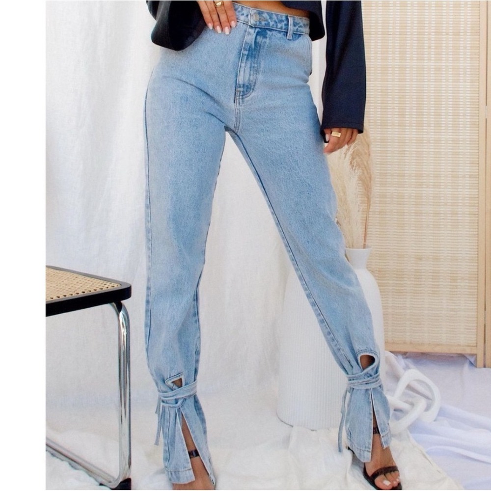 12th Tribe Jeans Small Sofia Light Wash Ankle Tie Cutout Straight Leg Denim